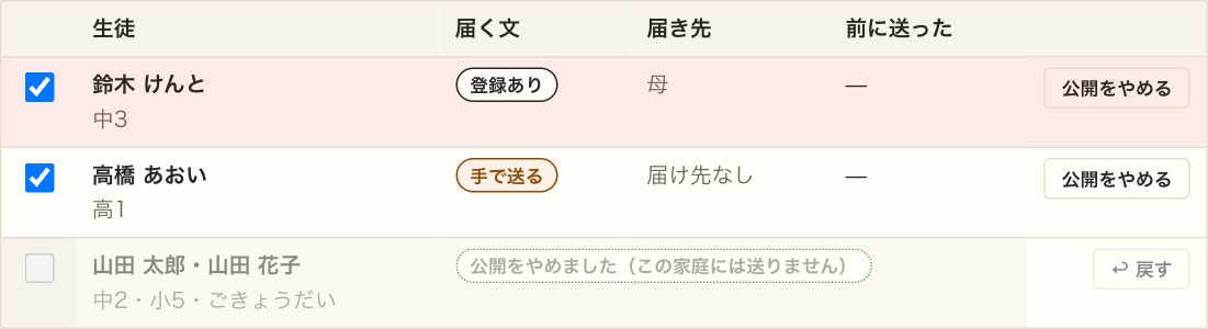 山田 太郎・山田 花子の行が薄くなり、「公開をやめました（この家庭には送りません）」と出て、右に「戻す」ボタン。